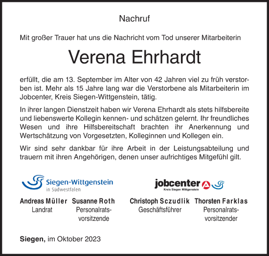Traueranzeige von Verena Ehrhardt von Siegener Zeitung