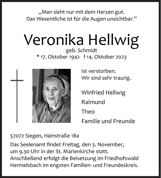 Traueranzeige von Veronika Hellwig von Siegener Zeitung