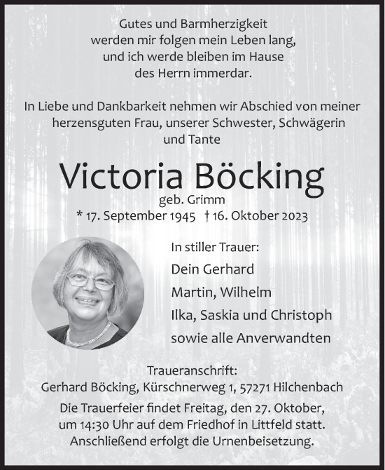 Traueranzeige von Victoria Böcking von Siegener Zeitung