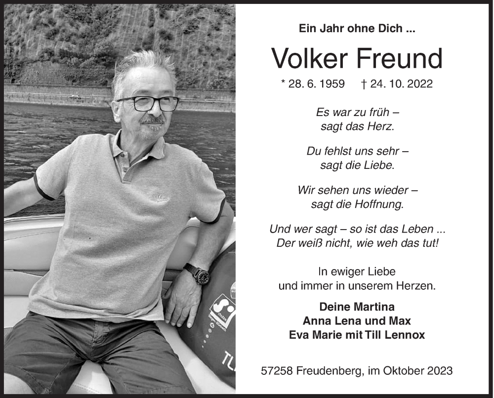  Traueranzeige für Volker Freund vom 24.10.2023 aus Siegener Zeitung