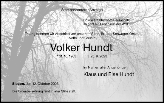 Traueranzeige von Volker Hundt von Siegener Zeitung