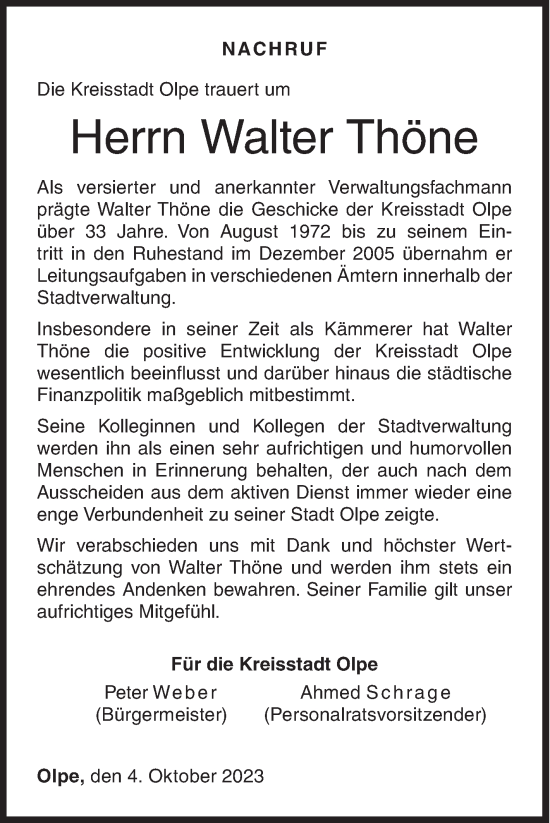 Traueranzeige von Walter Thöne von Siegener Zeitung