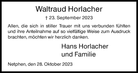 Traueranzeige von Waltraud Horlacher von Siegener Zeitung