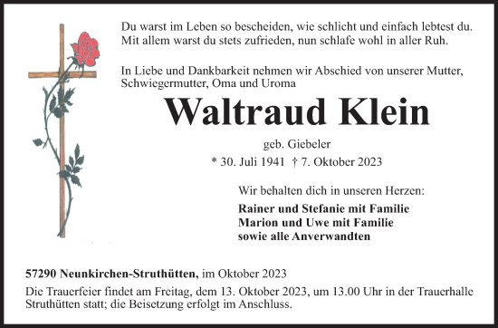 Traueranzeige von Waltraud Klein von Siegener Zeitung