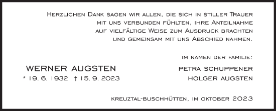 Traueranzeige von Werner Augsten von Siegener Zeitung
