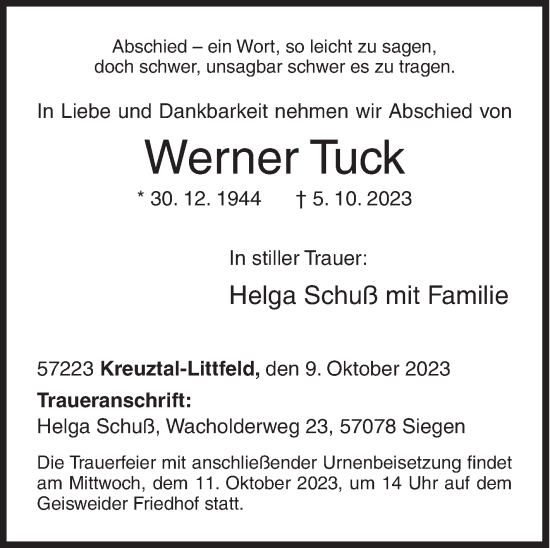 Traueranzeige von Werner Tuck von Siegener Zeitung