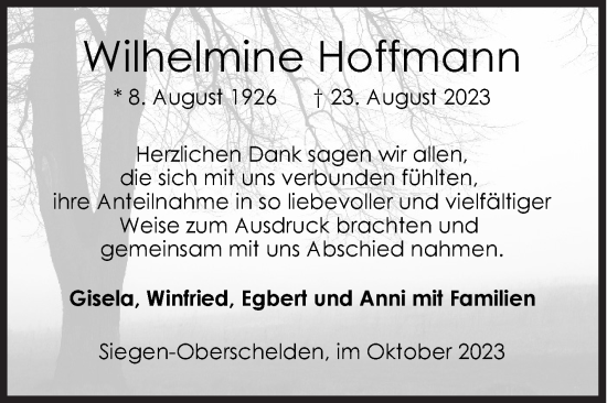 Traueranzeige von Wilhelmine Hoffmann von Siegener Zeitung