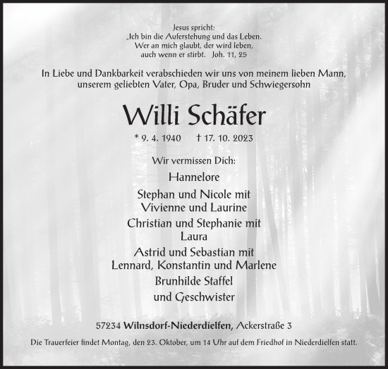Traueranzeige von Willi Schäfer von Siegener Zeitung