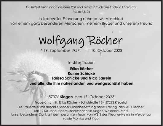 Traueranzeige von Wolfgang Röcher von Siegener Zeitung