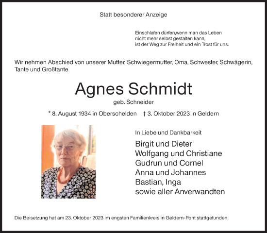 Traueranzeige von Agnes Schmidt von Siegener Zeitung