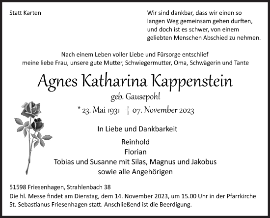 Traueranzeige von Agnes Katkarina Kappenstein von Siegener Zeitung