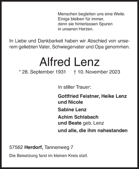 Traueranzeige von Alfred Lenz von Siegener Zeitung