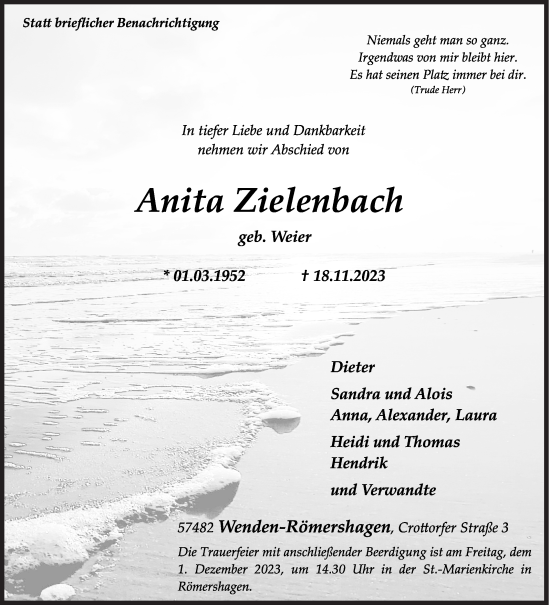 Traueranzeige von Anita Zielenbach von Siegener Zeitung