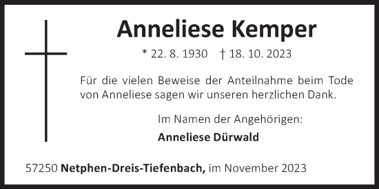 Traueranzeige von Anneliese Kemper von Siegener Zeitung