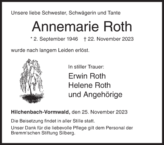 Traueranzeige von Annemarie Roth von Siegener Zeitung