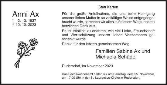Traueranzeige von Anni Ax von Siegener Zeitung