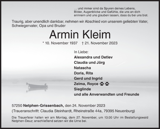 Traueranzeige von Armin Kleim von Siegener Zeitung