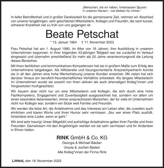 Traueranzeige von Beate Petschat von Siegener Zeitung