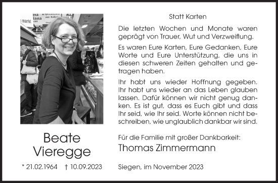 Traueranzeige von Beate Vieregge von Siegener Zeitung