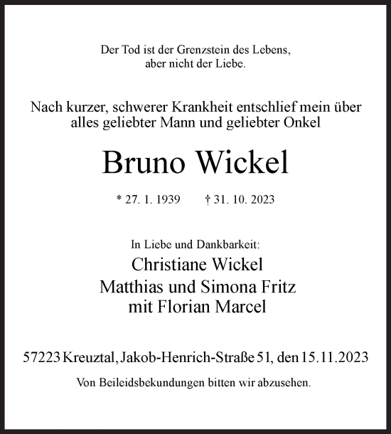 Traueranzeige von Bruno Wickel von Siegener Zeitung