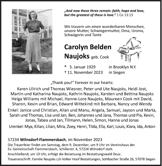 Traueranzeige von Carolyn Belden Naujoks von Siegener Zeitung