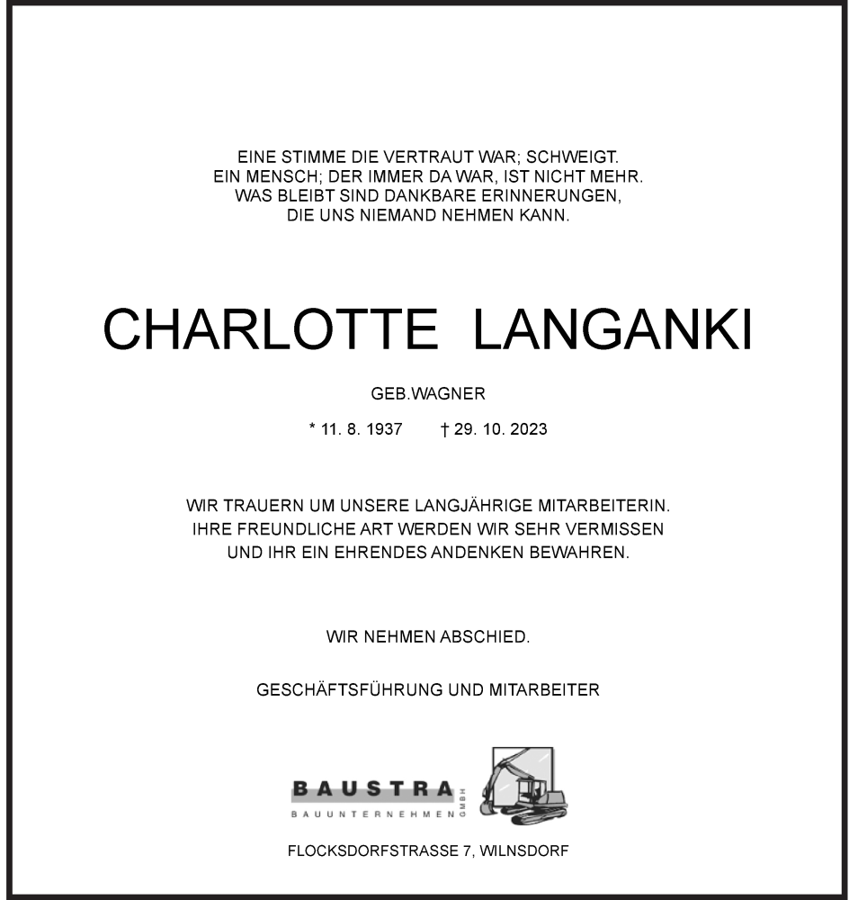  Traueranzeige für Charlotte Langanki vom 04.11.2023 aus Siegener Zeitung