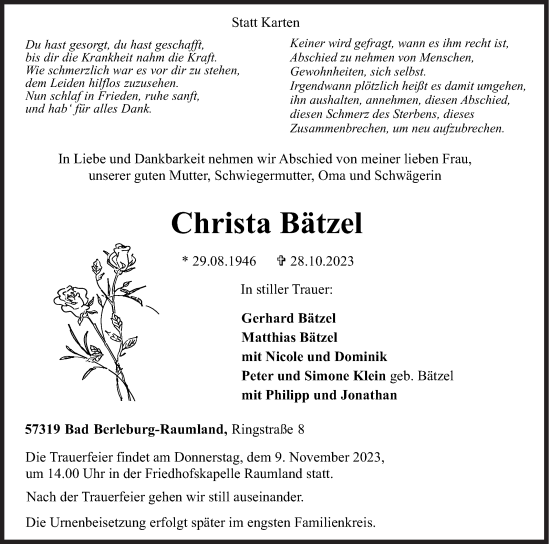 Traueranzeige von Christa Bätzel von Siegener Zeitung