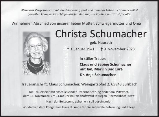 Traueranzeige von Christa Schumacher von Siegener Zeitung
