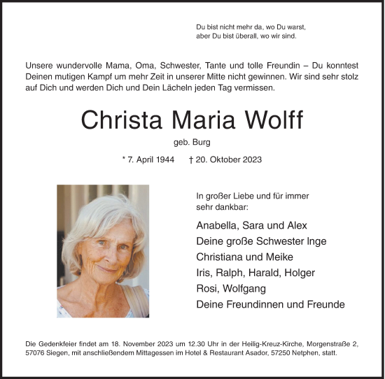 Traueranzeige von Christa Maria Wolff von Siegener Zeitung