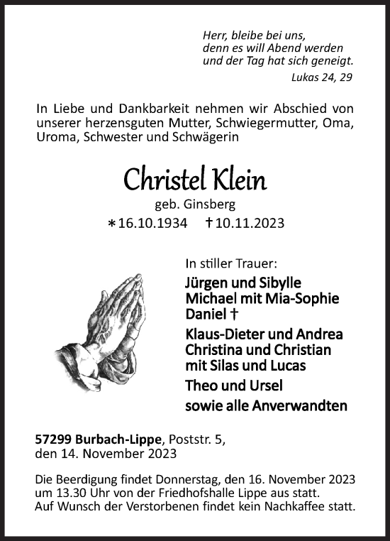 Traueranzeige von Christel Klein von Siegener Zeitung