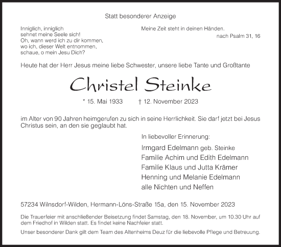 Traueranzeige von Christel Steinke von Siegener Zeitung