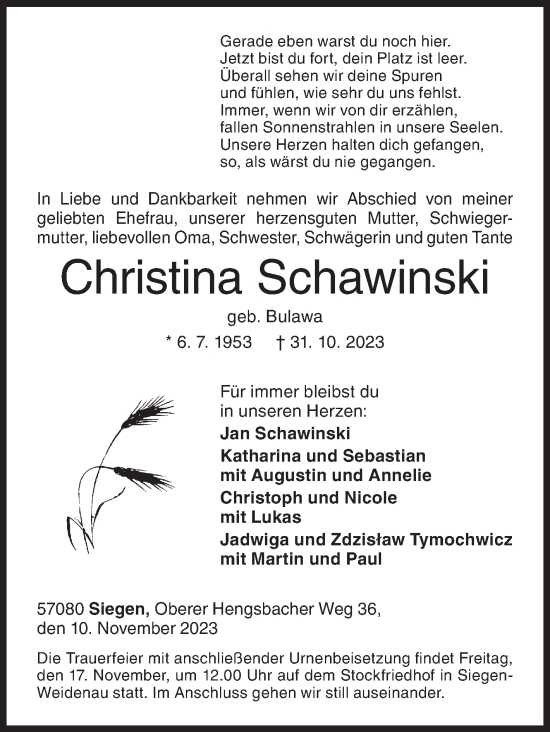Traueranzeige von Christina Schawinski von Siegener Zeitung