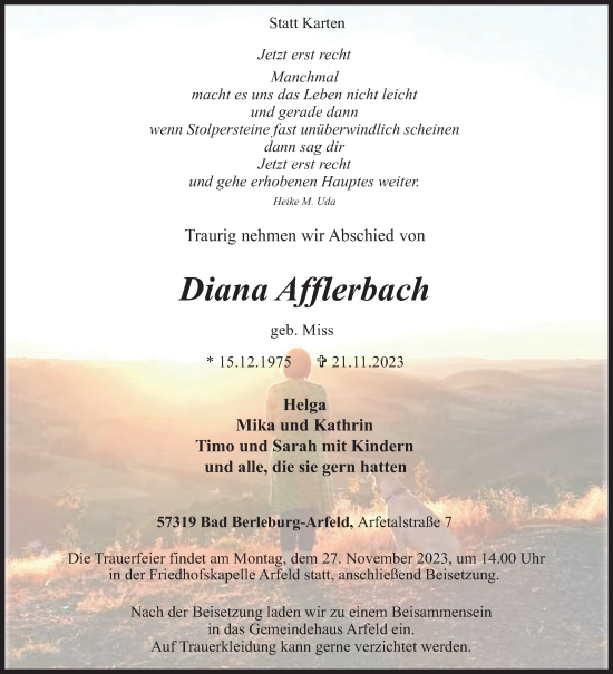 Traueranzeige von Diana Afflerbach von Siegener Zeitung