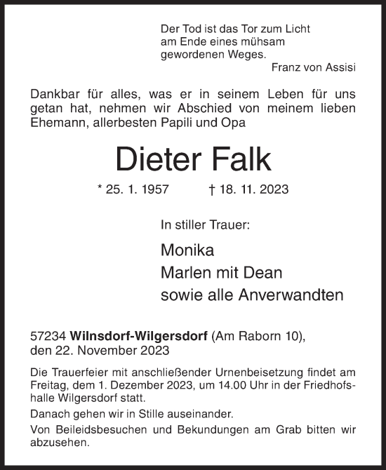 Traueranzeige von Dieter Falk von Siegener Zeitung