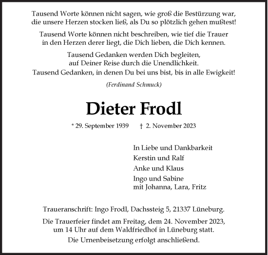 Traueranzeige von Dieter Frodl von Siegener Zeitung
