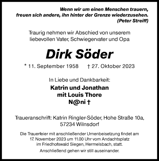 Traueranzeige von Dirk Söder von Siegener Zeitung
