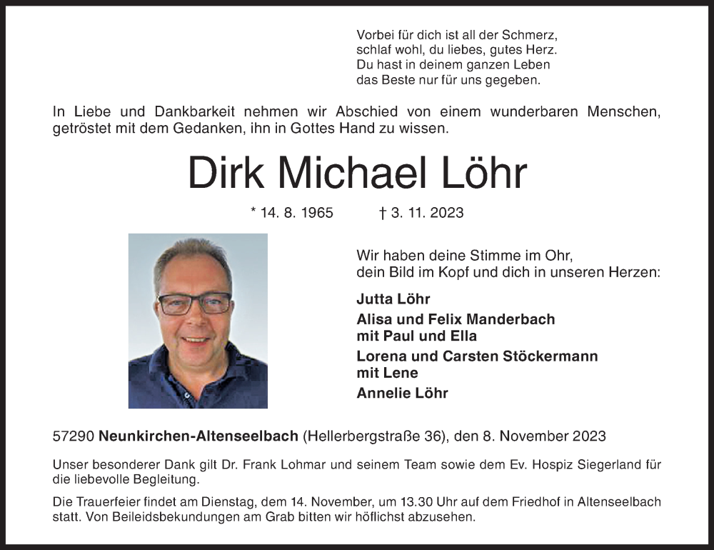  Traueranzeige für Dirk Michael Löhr vom 08.11.2023 aus Siegener Zeitung