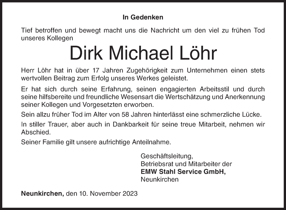  Traueranzeige für Dirk Michael Löhr vom 10.11.2023 aus Siegener Zeitung