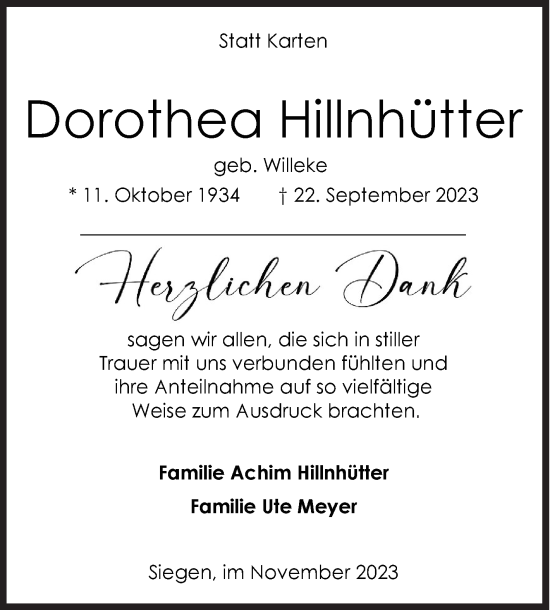 Traueranzeige von Dorothea Hillnhütter von Siegener Zeitung