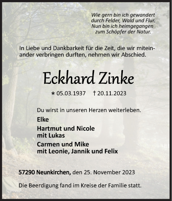 Traueranzeige von Eckhard Zinke von Siegener Zeitung