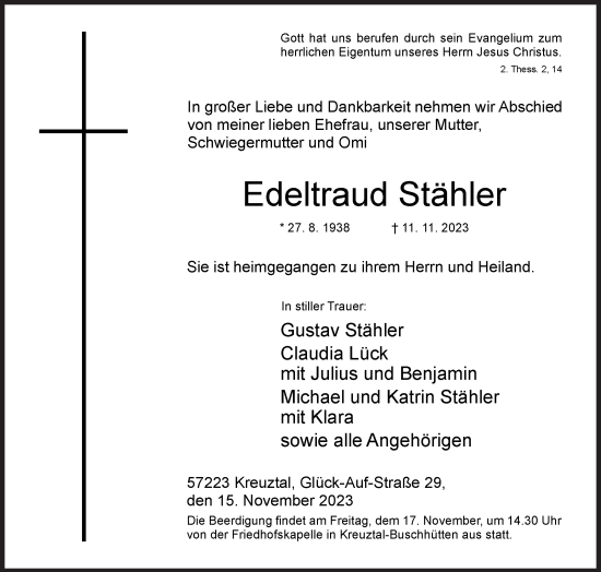 Traueranzeige von Edeltraud Stähler von Siegener Zeitung