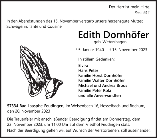 Traueranzeige von Edith Dornhöfer von Siegener Zeitung