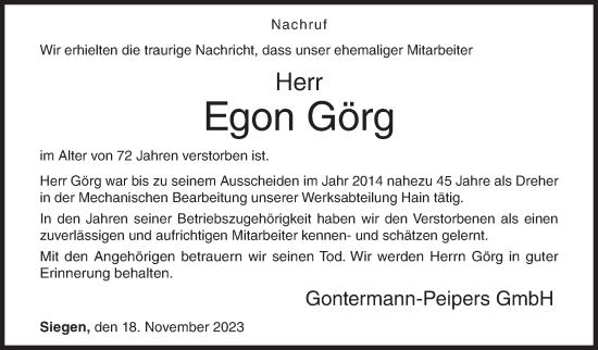 Traueranzeige von Egon Görg von Siegener Zeitung