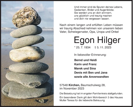 Traueranzeige von Egon Hilger von Siegener Zeitung
