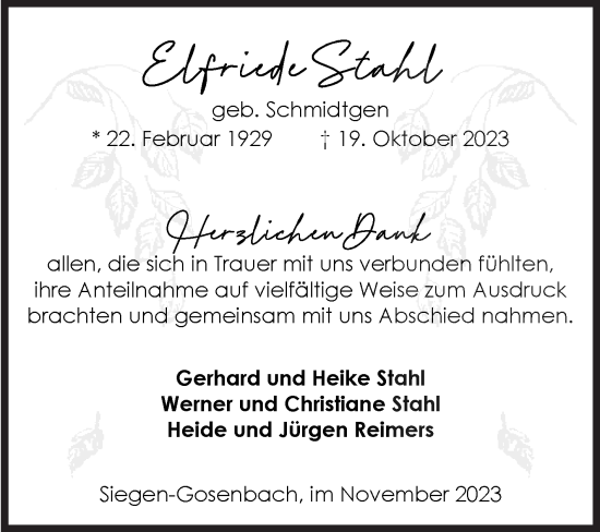 Traueranzeige von Elfriede Stahl von Siegener Zeitung