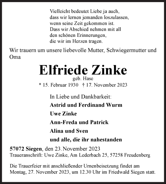 Traueranzeige von Elfriede Zinke von Siegener Zeitung