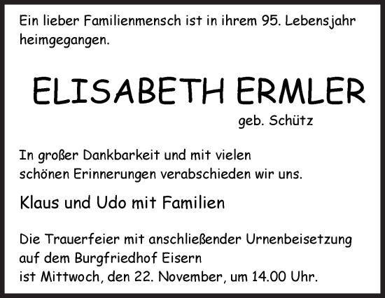 Traueranzeige von Elisabeth Ermler von Siegener Zeitung