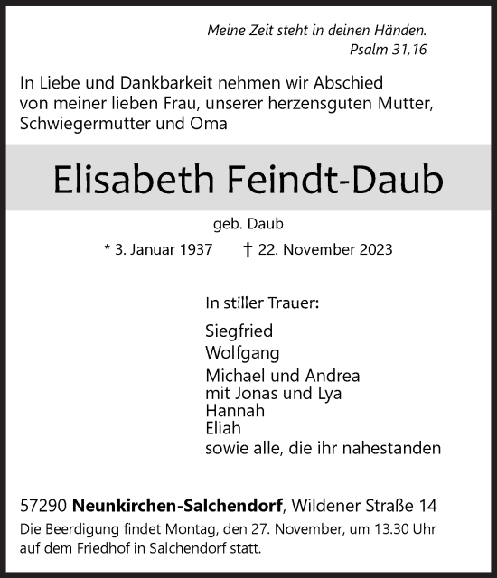 Traueranzeige von Elisabeth Feindt-Daub von Siegener Zeitung