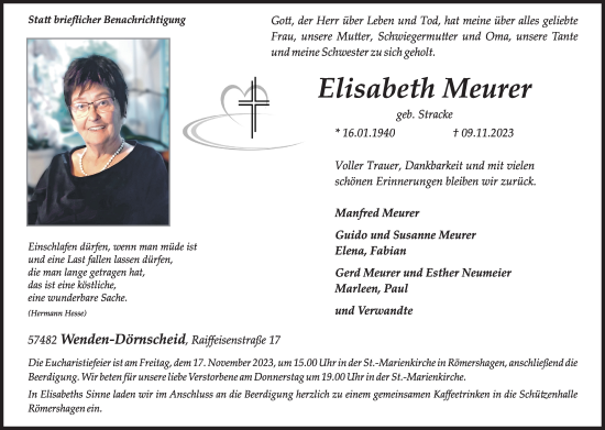 Traueranzeige von Elisabeth Meurer von Siegener Zeitung