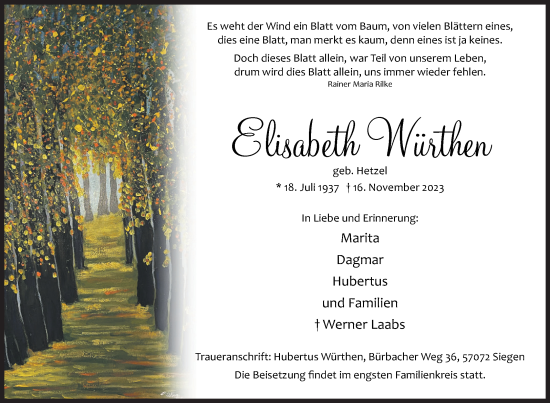 Traueranzeige von Elisabeth Würtehen von Siegener Zeitung